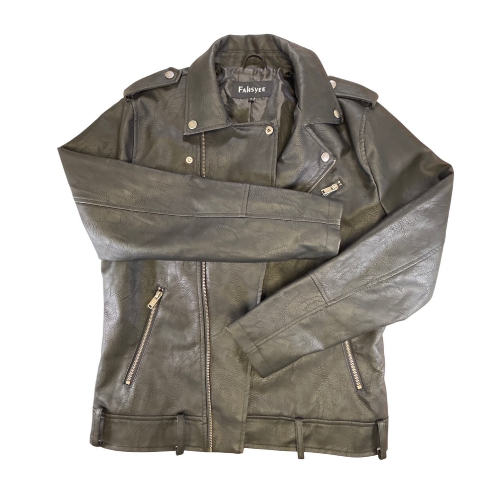 Fahsyee Womens Black Faux Leather Moto Biker Jacket‎ Size S Asymmetrical Zip